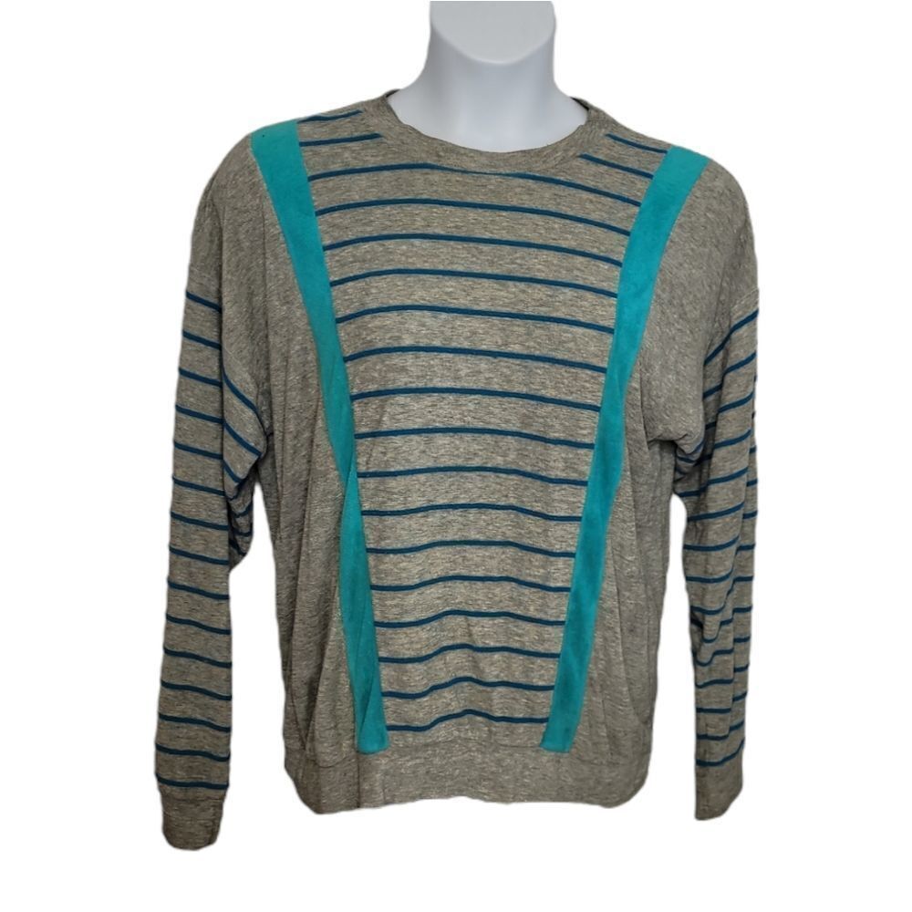 VINTAGE 80s top terry cloth gray striped long sleeve crew‎ neck shirt unisex M